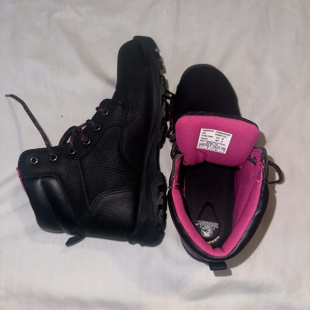 Brahma Bevel Women's Steel Toe Black Pink Leather Utility Work Boots - Picture 7 of 12